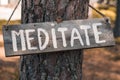 A wooden motivating tablet on an old pine tree in an autumn park says Ã¢â¬ÅMeditate